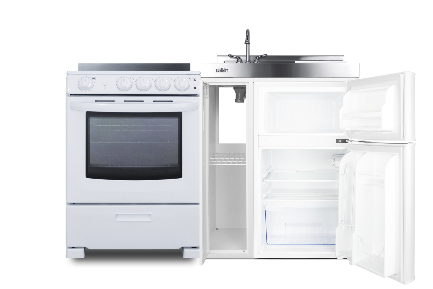 54 inch wide all-in-one kitchenette with 4-burner 220V smooth-top electric range, refrigerator-freezer, sink, cutting board and cutlery storage, and a storage cabinet